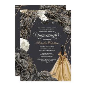 Quinceañera w Black Roses, Gold Gown, & Glitter In