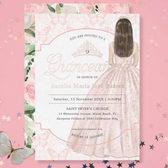 Quinceañera  Watercolor Blush Floral Birthday Foil