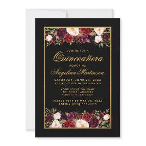 Quinceanera Watercolor Burgundy Floral Black Gold