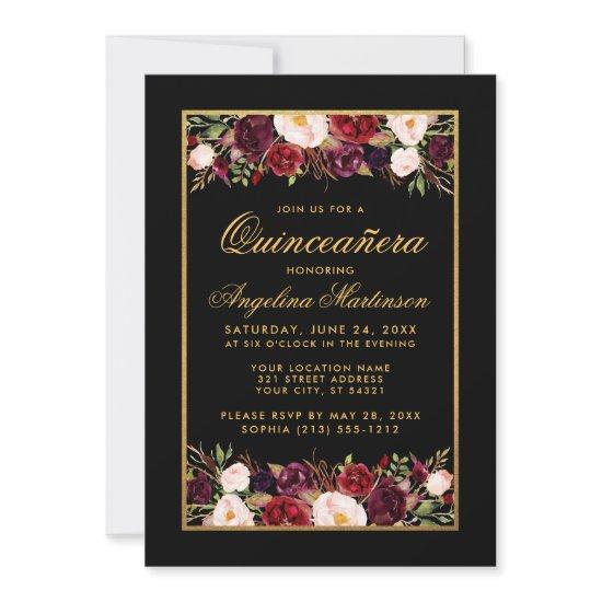 Quinceanera Watercolor Burgundy Floral Black Gold