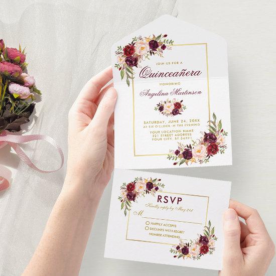 Quinceanera Watercolor Burgundy Floral Gold All In One