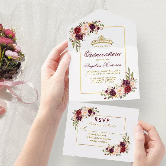 Quinceanera Watercolor Burgundy Floral Gold Crown All In One
