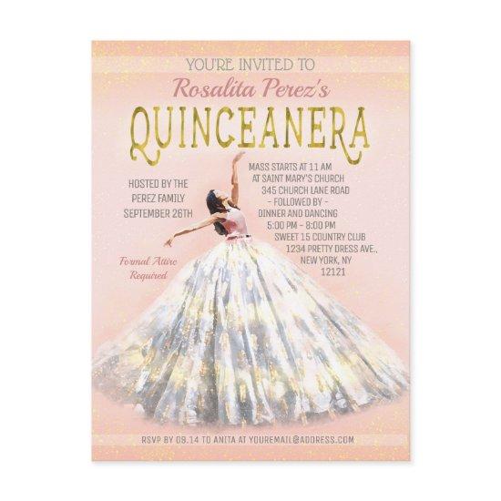 Quinceanera Watercolor Dress Blush Pink Gold Fancy Postcard
