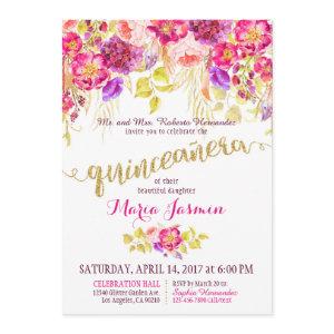 Quinceanera Watercolor Floral Gold Glitter