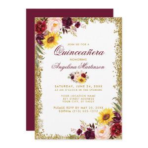 Quinceanera Watercolor Floral Gold Glitter