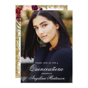 Quinceanera Watercolor Floral Gold Glitter Photo