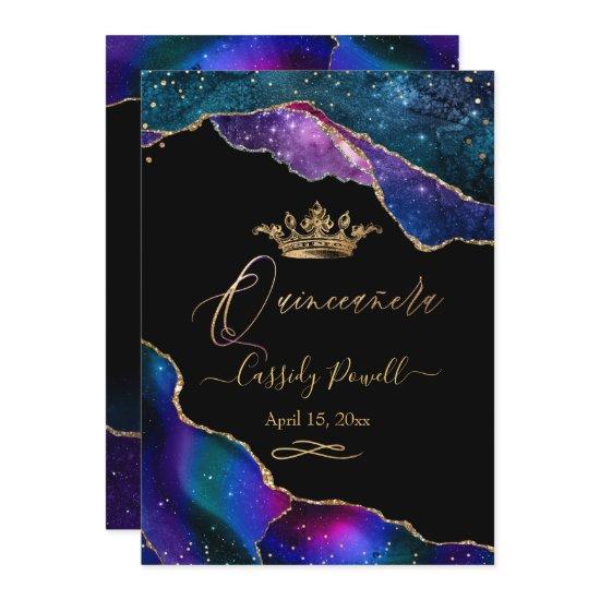 Quinceanera, Watercolor Galaxy Agate Faux Gold Inv