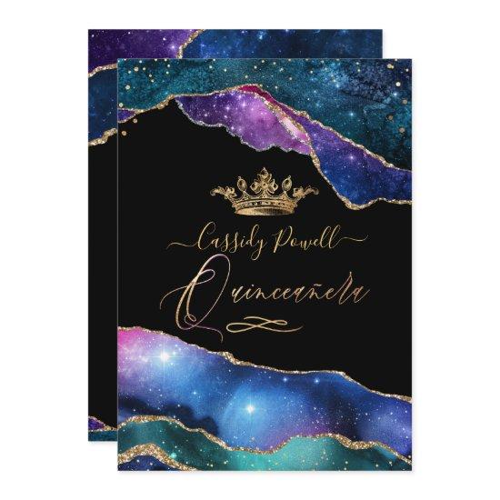 Quinceanera, Watercolor Galaxy Agate Faux Gold