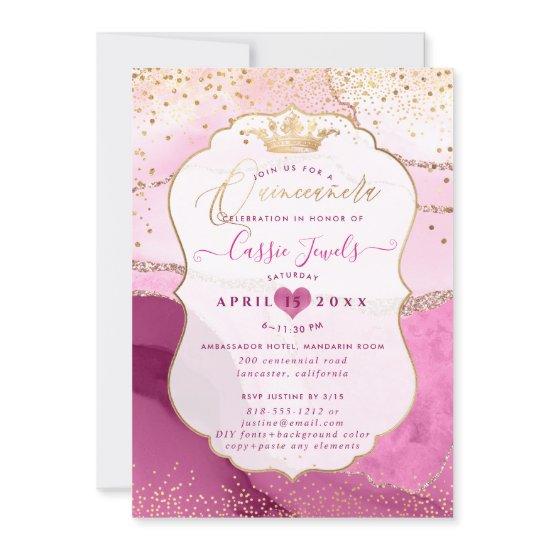 Quinceanera, Watercolor Pink Agate Faux Gold
