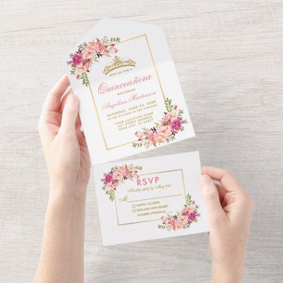 Quinceanera Watercolor Pink Floral Gold Crown All In One