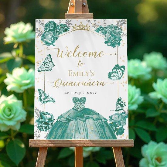 Quinceanera Welcome Sign Emerald Green Dress