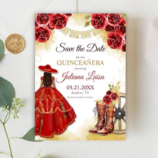 Quinceañera Western Red Gold Charra Floral Boots Save The Date
