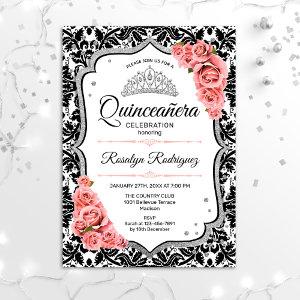Quinceanera - White Black Damask Blush Pink