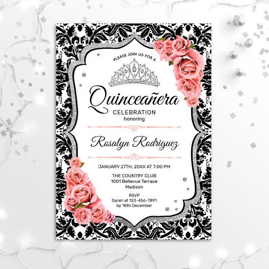 Quinceanera - White Black Damask Blush Pink