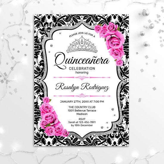 Quinceanera - White Black Damask Pink