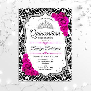 Quinceanera - White Black Damask Pink Silver