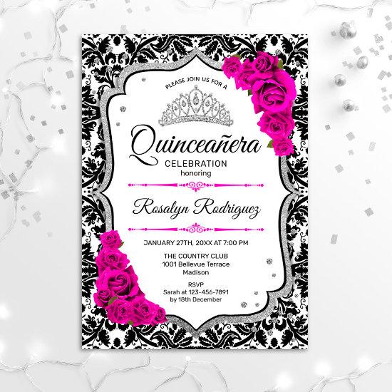 Quinceanera - White Black Damask Pink Silver