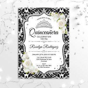 Quinceanera - White Black Damask Silver