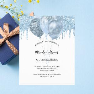 Quinceanera white blue balloons glitter drips  postcard