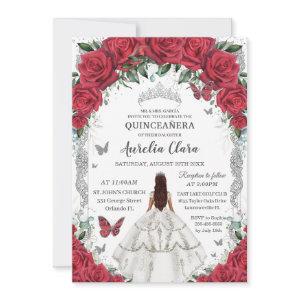 Quinceañera White Dress Red Roses Floral Silver