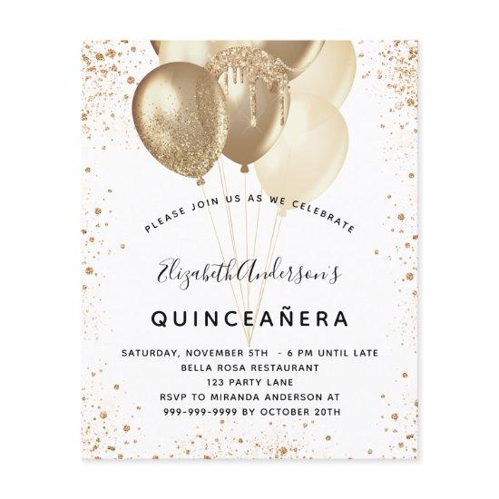 Quinceanera white gold glitter balloons budget flyer
