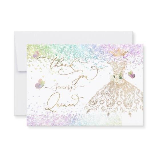Quinceanera White Gold Glitter Gown Pastel Thank Y Thank You Card