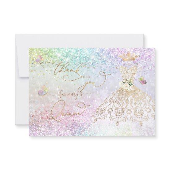 Quinceanera White Gold Glitter Gown Pastel Thank You Card