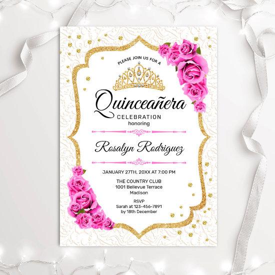 Quinceanera - White Gold Pink Roses