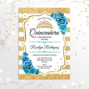 Quinceanera - White Gold Stripes Blue
