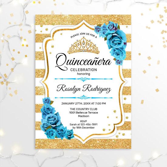 Quinceanera - White Gold Stripes Blue