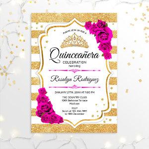 Quinceanera - White Gold Stripes Pink