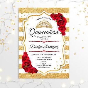 Quinceanera - White Gold Stripes Red
