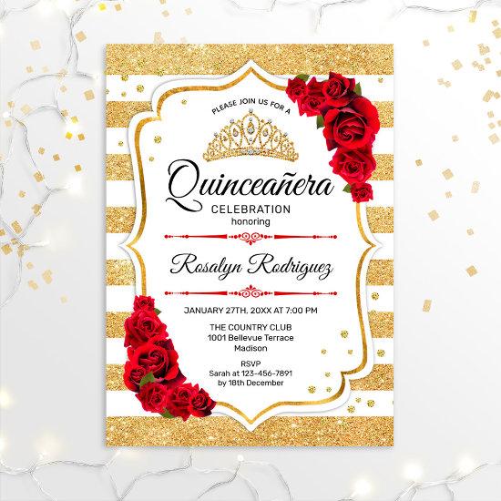 Quinceanera - White Gold Stripes Red