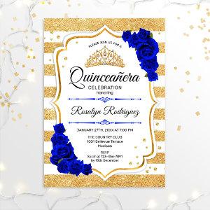 Quinceanera - White Gold Stripes Royal Blue