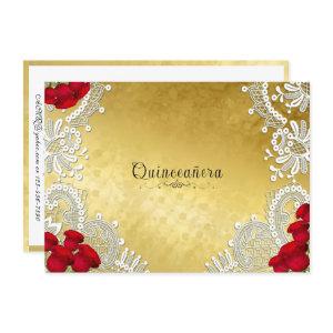Quinceanera White Lace Red Roses on Gold