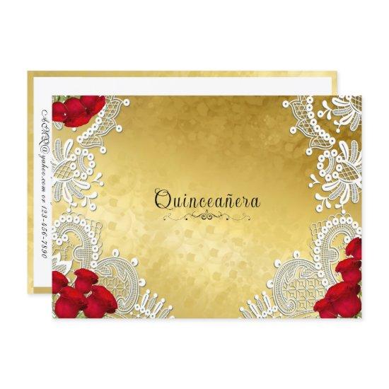 Quinceanera White Lace Red Roses on Gold