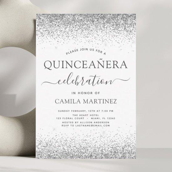 Quinceanera White Silver Modern Glitter Sparkle