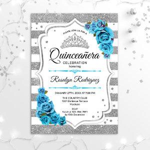 Quinceanera - White Silver Stripes Blue