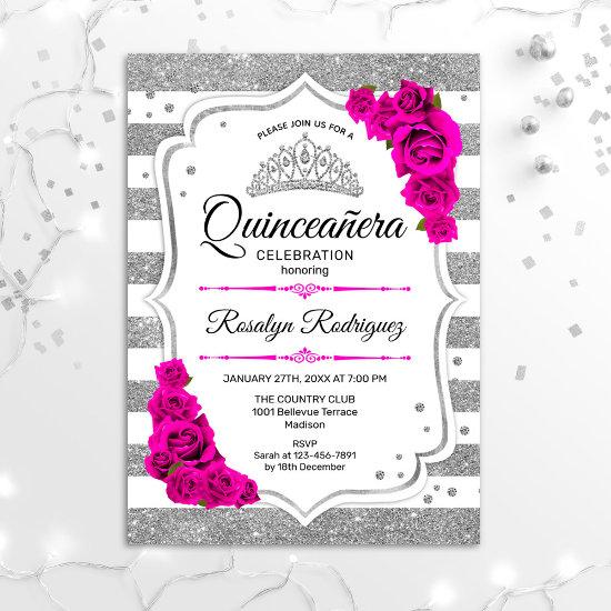 Quinceanera - White Silver Stripes Hot Pink