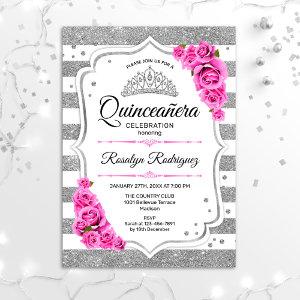Quinceanera - White Silver Stripes Pink
