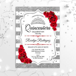 Quinceanera - White Silver Stripes Red