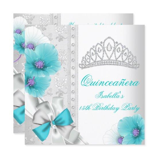 Quinceañera White Teal Blue Floral Diamond Tiara