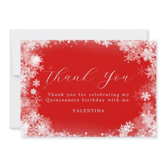 Quinceanera Winter Wonderland Snowflake Red Thank You Card