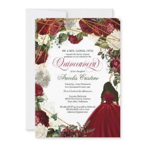 Quinceanera with elegant gown and burgundy florals