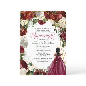 Quinceanera with elegant gown and burgundy florals