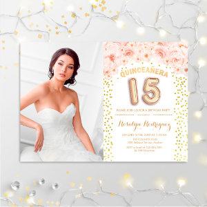 Quinceanera With Photo Gold Pink Floral
