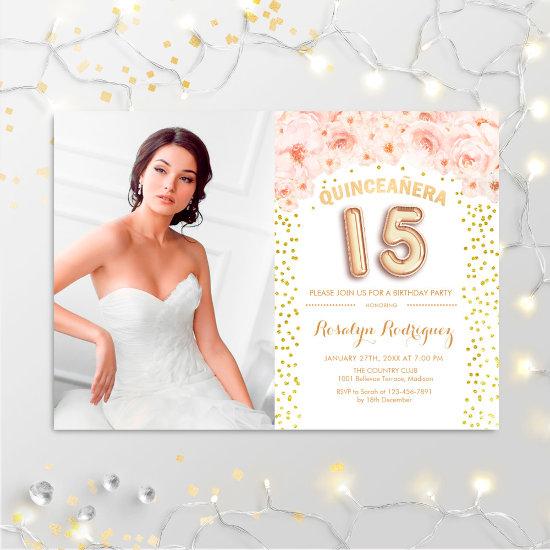 Quinceanera With Photo Gold Pink Floral