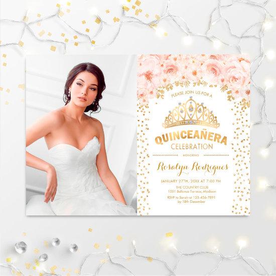 Quinceanera With Photo - Gold Pink Floral
