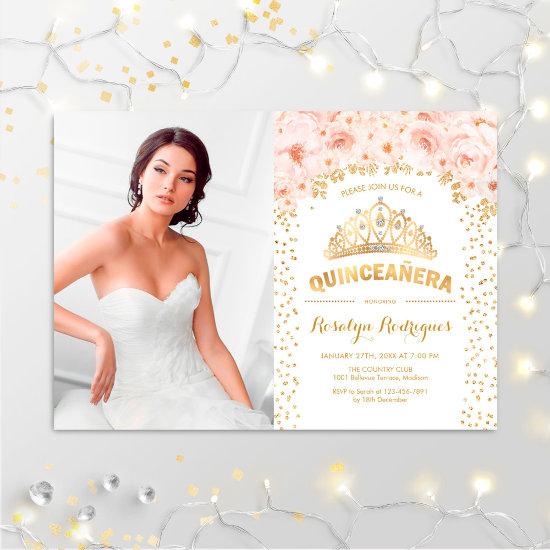 Quinceanera With Photo - Gold Pink Roses