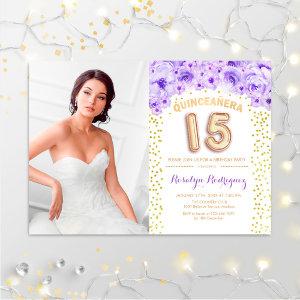 Quinceanera With Photo Gold Purple Floral